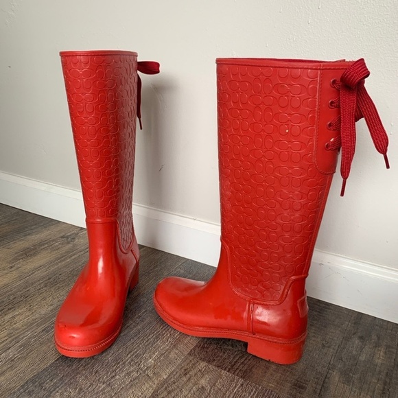 Red Coach Lace Up Rain Boots in size 6, worn once - Picture 2 of 5